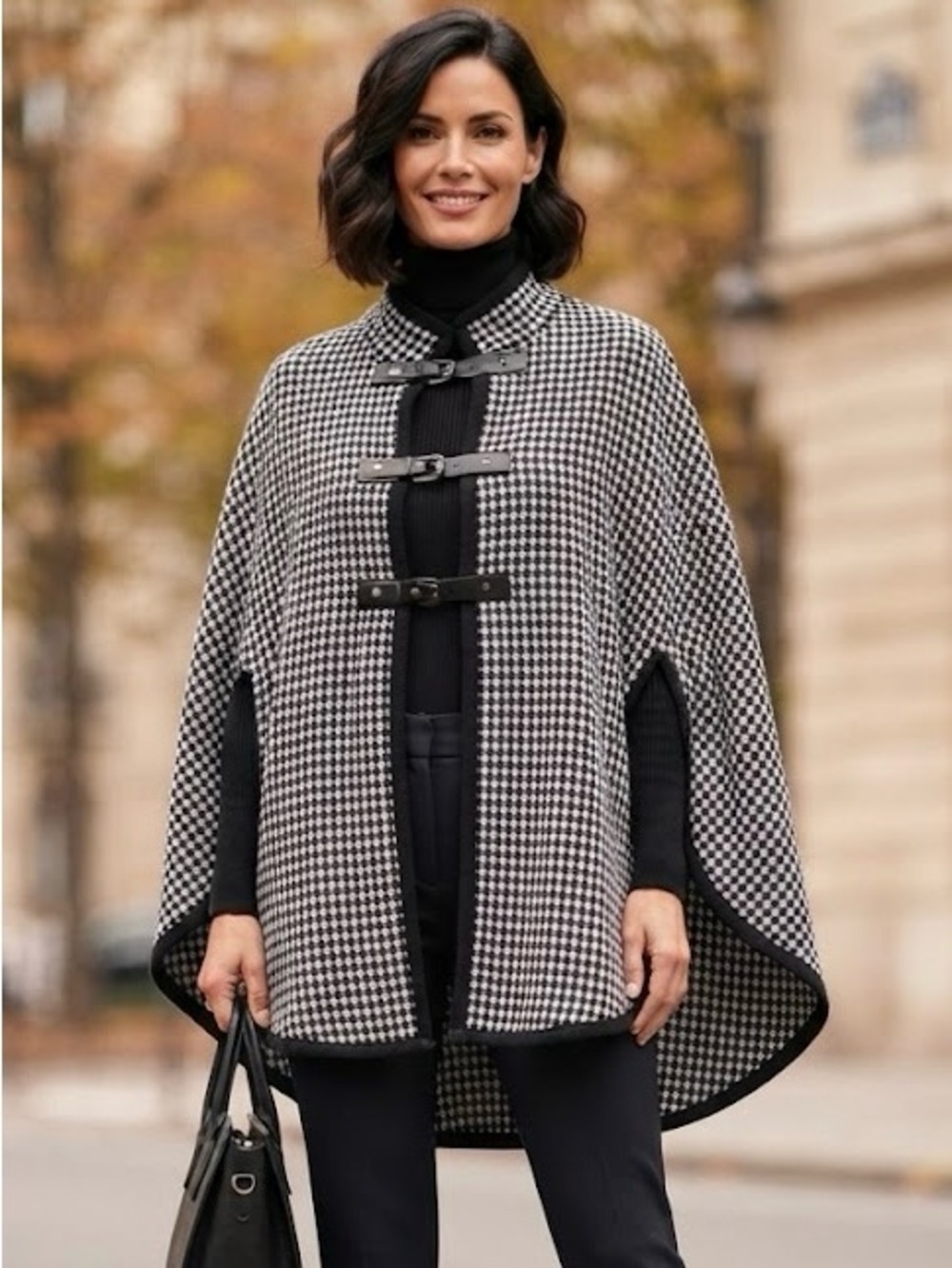 Northern Reflections Black White Houndstooth Poncho Cape Cardigan Statement Chic